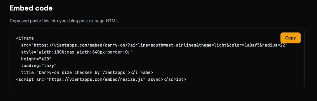 The embed snippet with iframe, attribution line, and resize script
